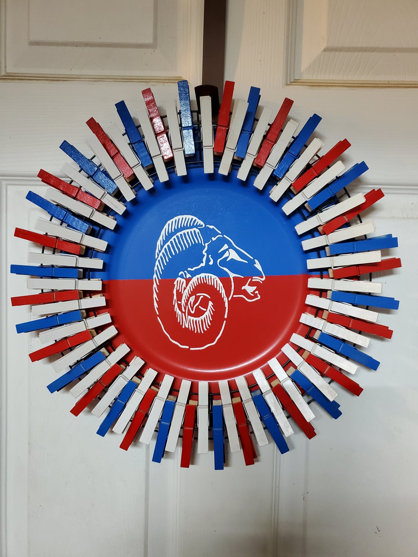 Blue/Red School Spirit Clothespin Wreath with Ram