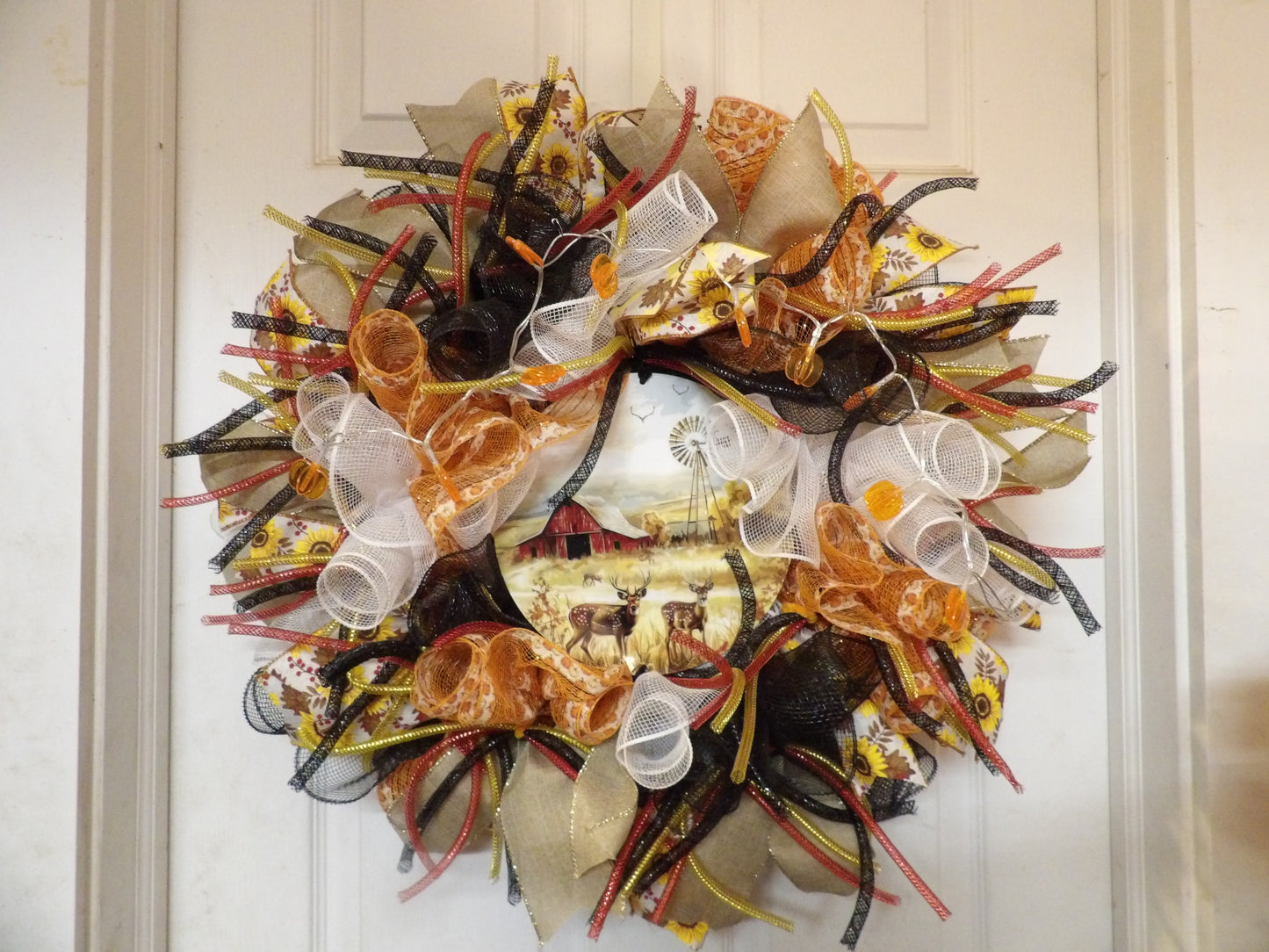 Rustic Farm Scene with Deer Mesh Wreath with Lights