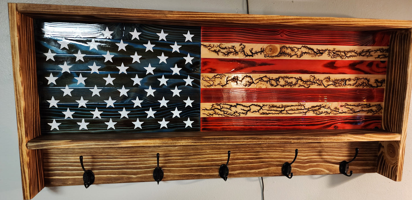 Fractal Burn Rustic American Flag Coat Rack