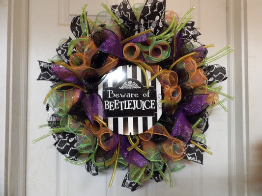 "Beware of Beetlejuice" Light-Up Halloween Wreath – Handmade Deco Mesh Door Decor