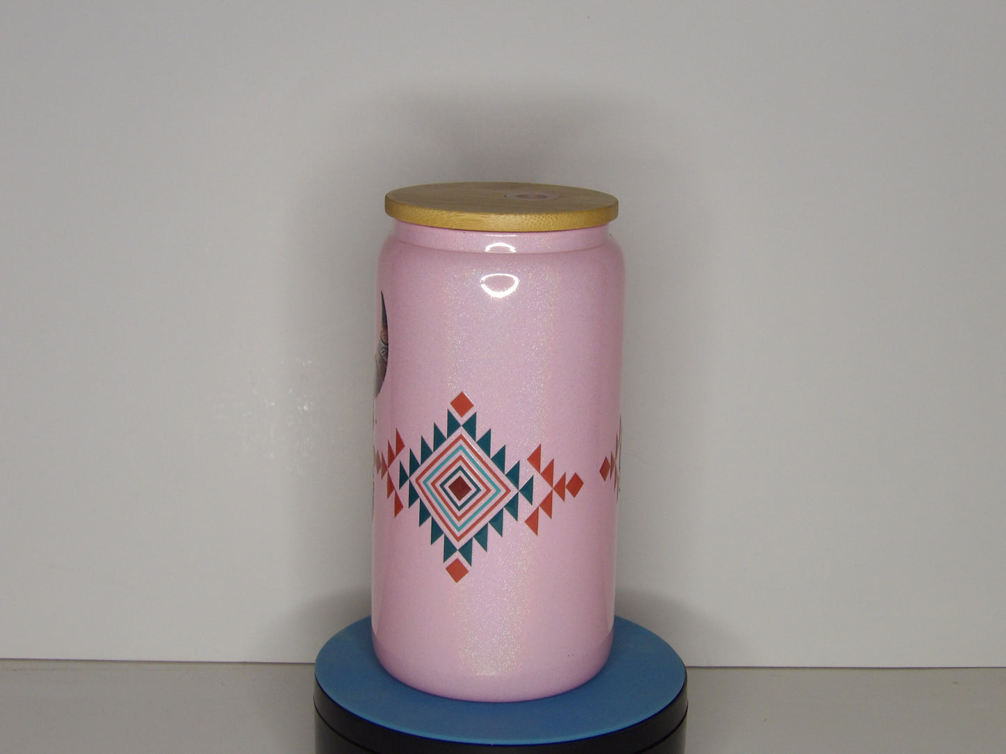 Green 16-16 oz Pink Shimmer Glass with Boho Skull – Bamboo Lid & Straw Included