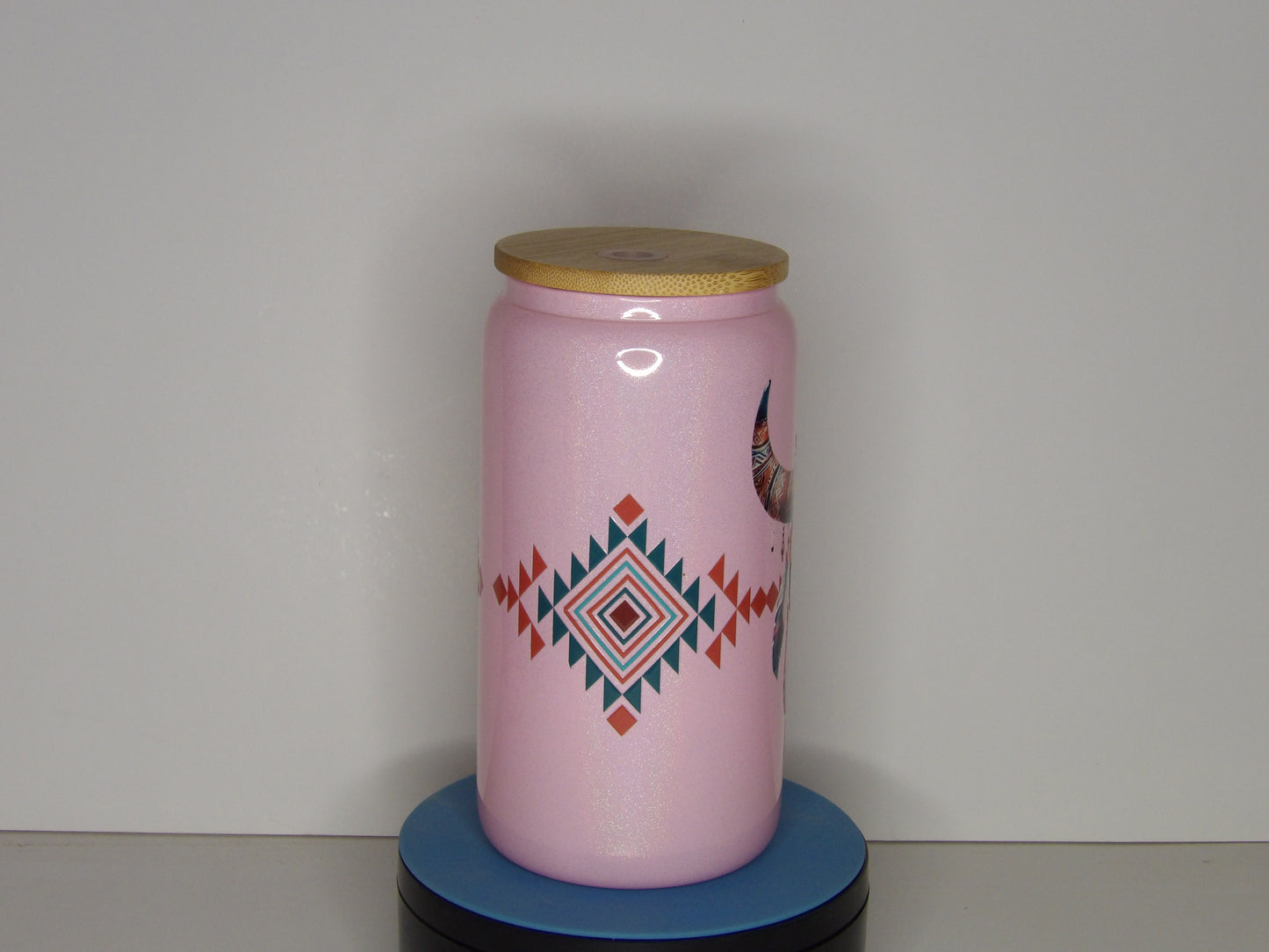 Green 16-16 oz Pink Shimmer Glass with Boho Skull – Bamboo Lid & Straw Included