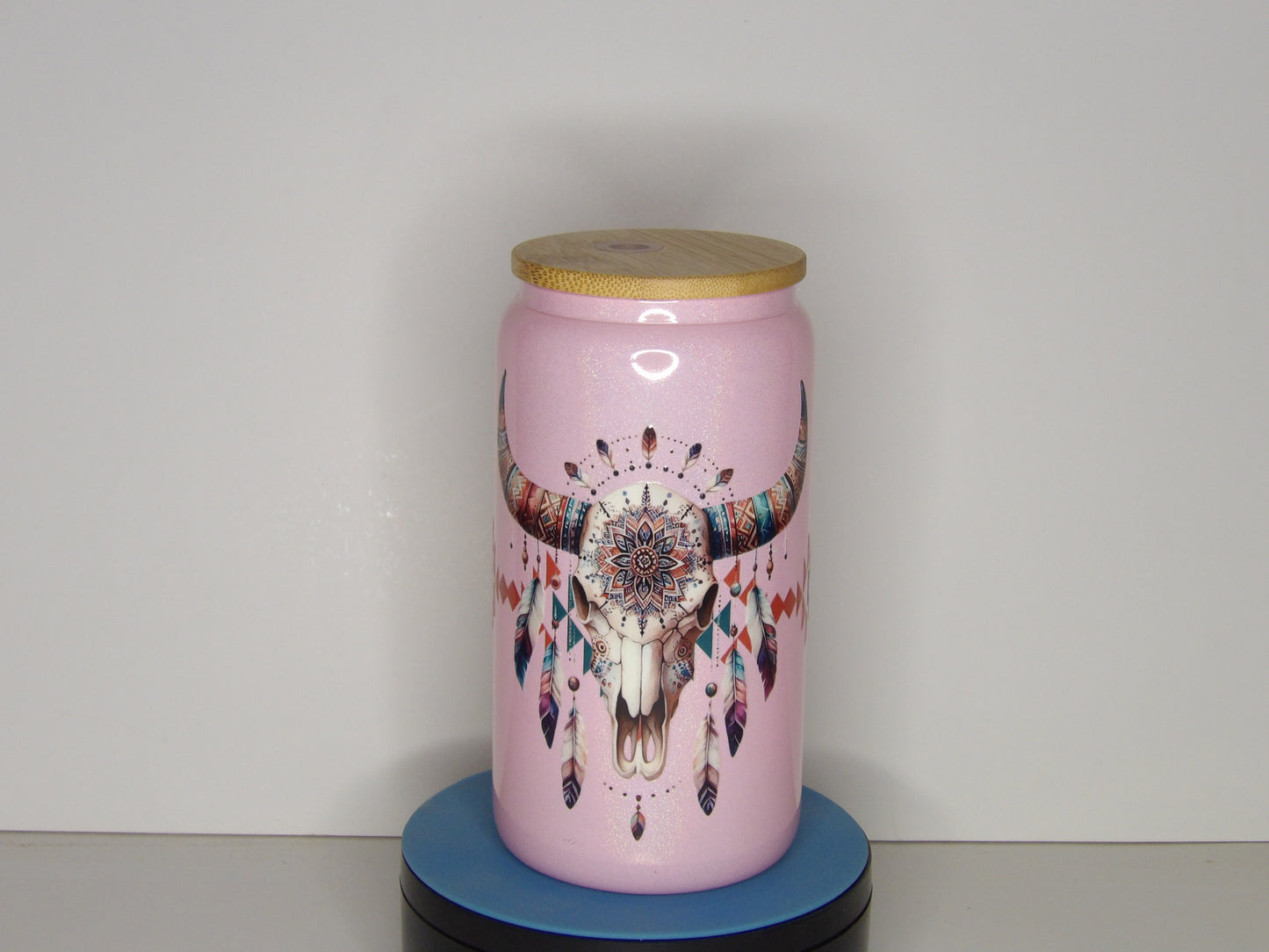 Green 16-16 oz Pink Shimmer Glass with Boho Skull – Bamboo Lid & Straw Included