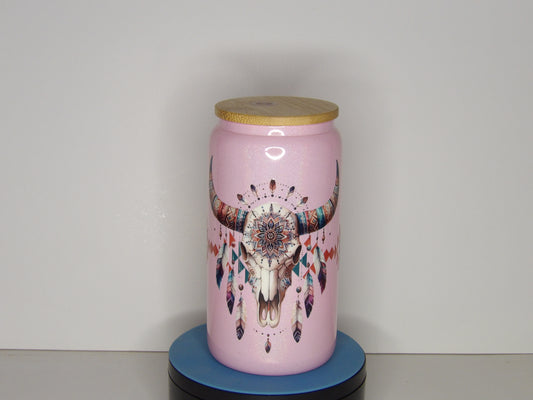 Green 16-16 oz Pink Shimmer Glass with Boho Skull – Bamboo Lid & Straw Included