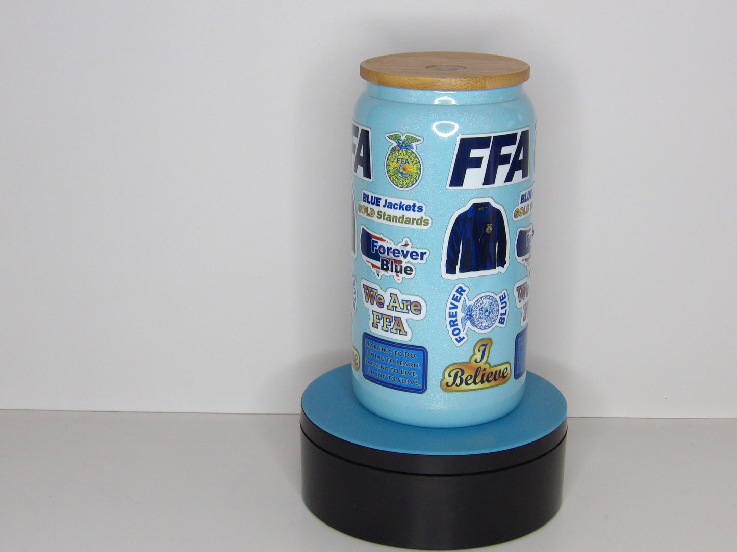 Light Blue 8-16oz Glass Can Tumbler – “Forever Blue” FFA Design with Lid & Straw