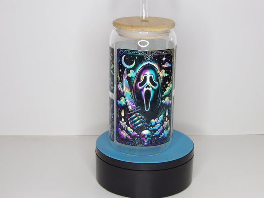 Yellow 26-16oz Clear Glass Can with Holographic Tarot-Inspired Horror Design – Bamboo Lid & Glass Straw, USA Made