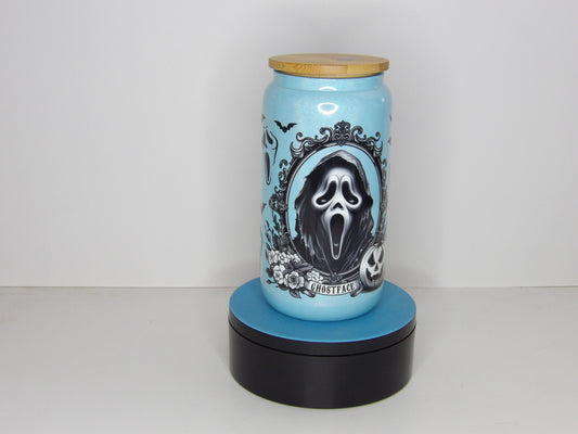 Yellow 22-16oz Blue Shimmer Glass Can with Ghost Design – Bamboo Lid & Glass Straw, USA Made