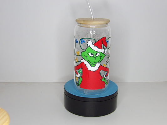 Yellow 27-16oz Clear Christmas Glass Can with Holiday Character Design – Bamboo Lid & Glass Straw, USA Made