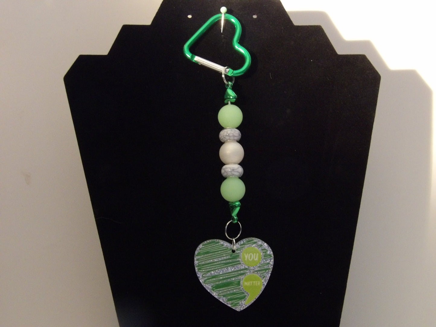 Handmade Beaded Keychain with Heart Carabiner & Acrylic Flatback – Made in the USA