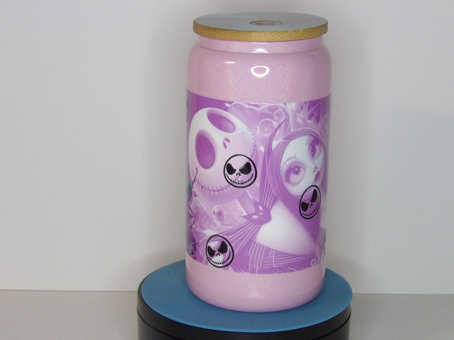 Yellow 36-✨ Jack & Sally Pink Shimmer Glass Can – 16 oz | Handmade USA Tumbler