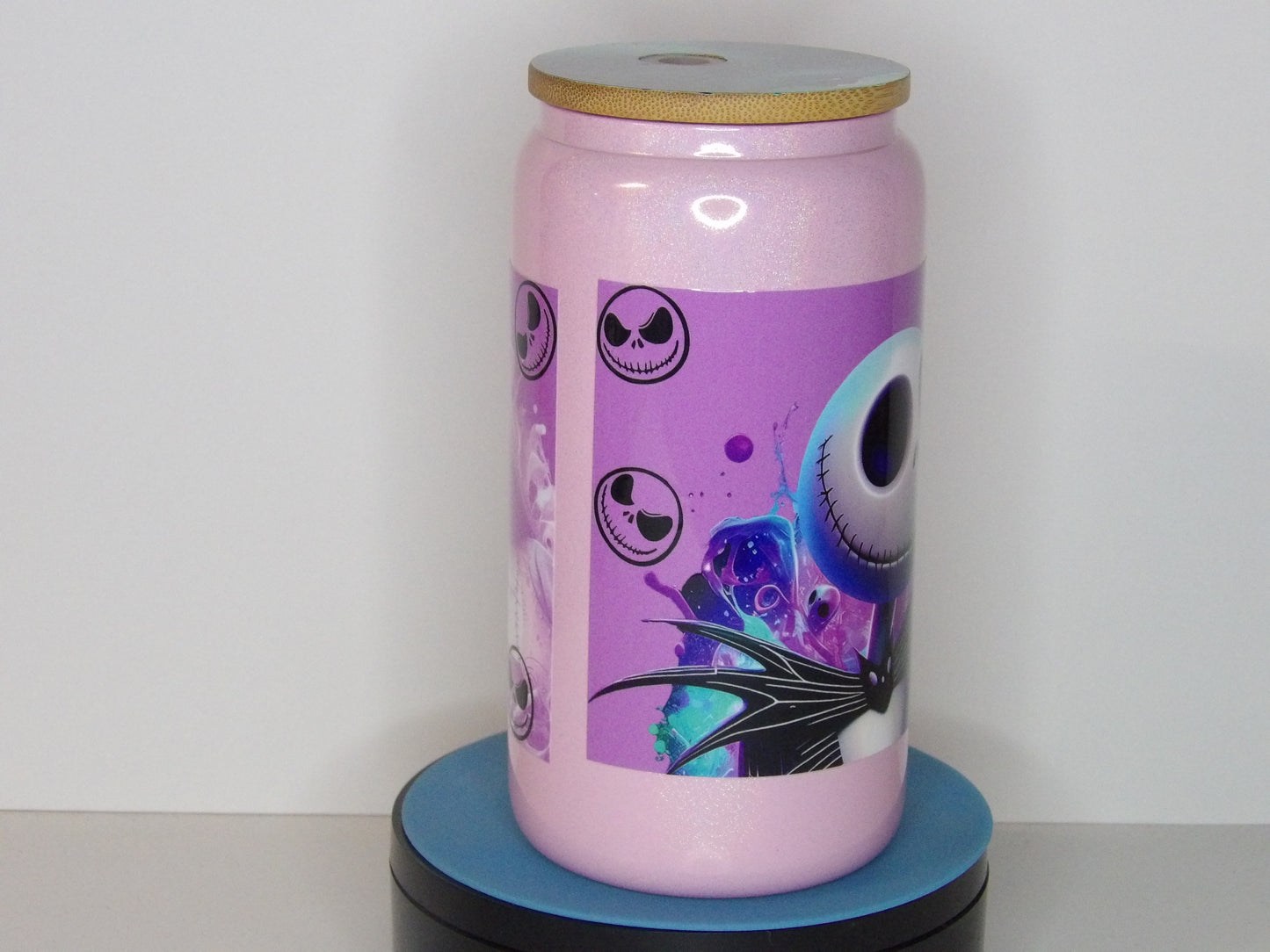 Yellow 36-✨ Jack & Sally Pink Shimmer Glass Can – 16 oz | Handmade USA Tumbler