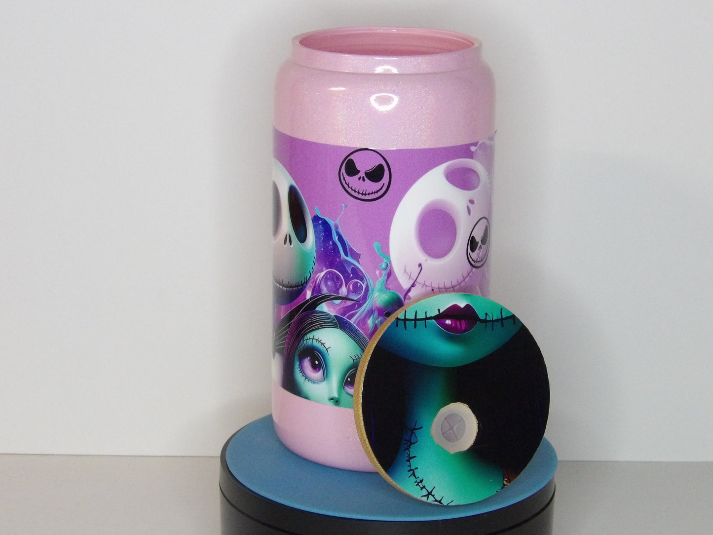 Yellow 36-✨ Jack & Sally Pink Shimmer Glass Can – 16 oz | Handmade USA Tumbler