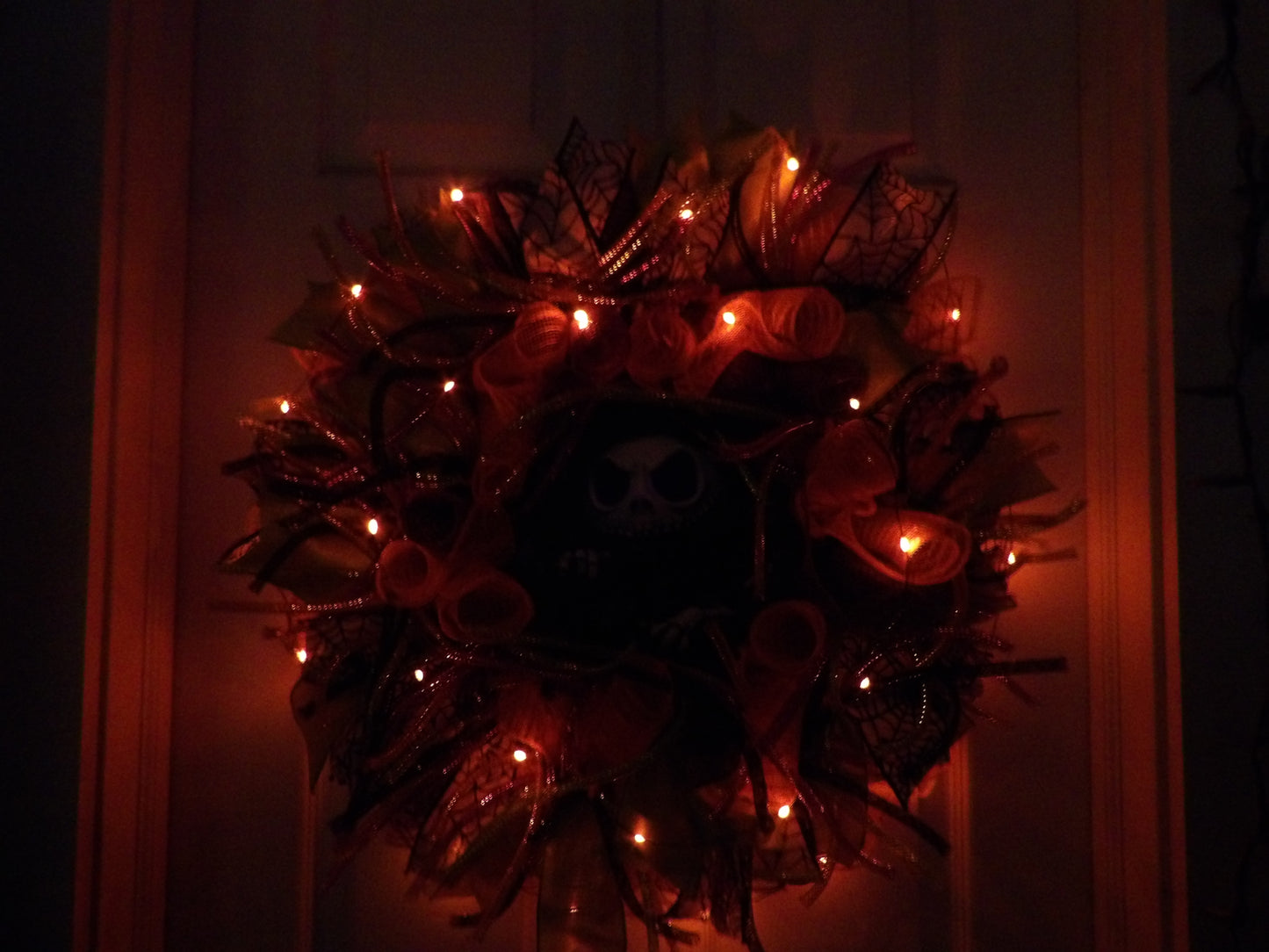 Handmade Halloween Skeleton Wreath with Orange Lights – Spooky Door Decor, USA Made