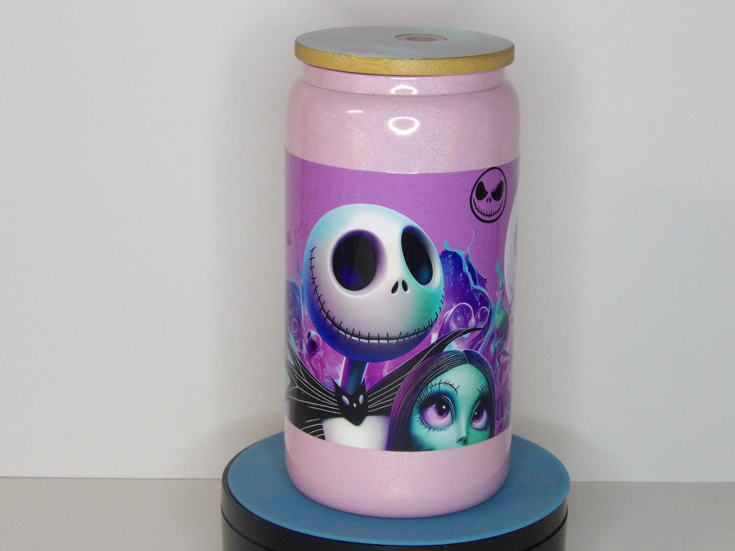 Yellow 36-✨ Jack & Sally Pink Shimmer Glass Can – 16 oz | Handmade USA Tumbler