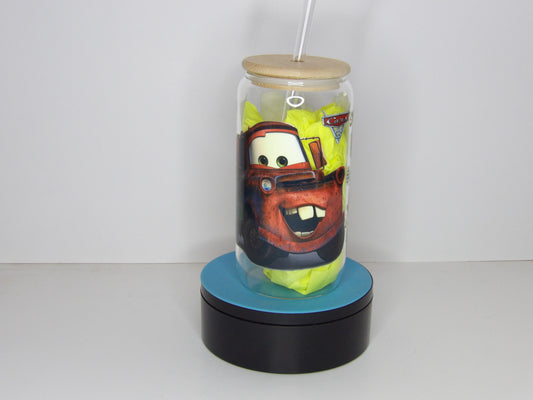 Orange 12-16oz Clear Glass Can with Cartoon Tow Truck Design – Bamboo Lid & Glass Straw, USA Made