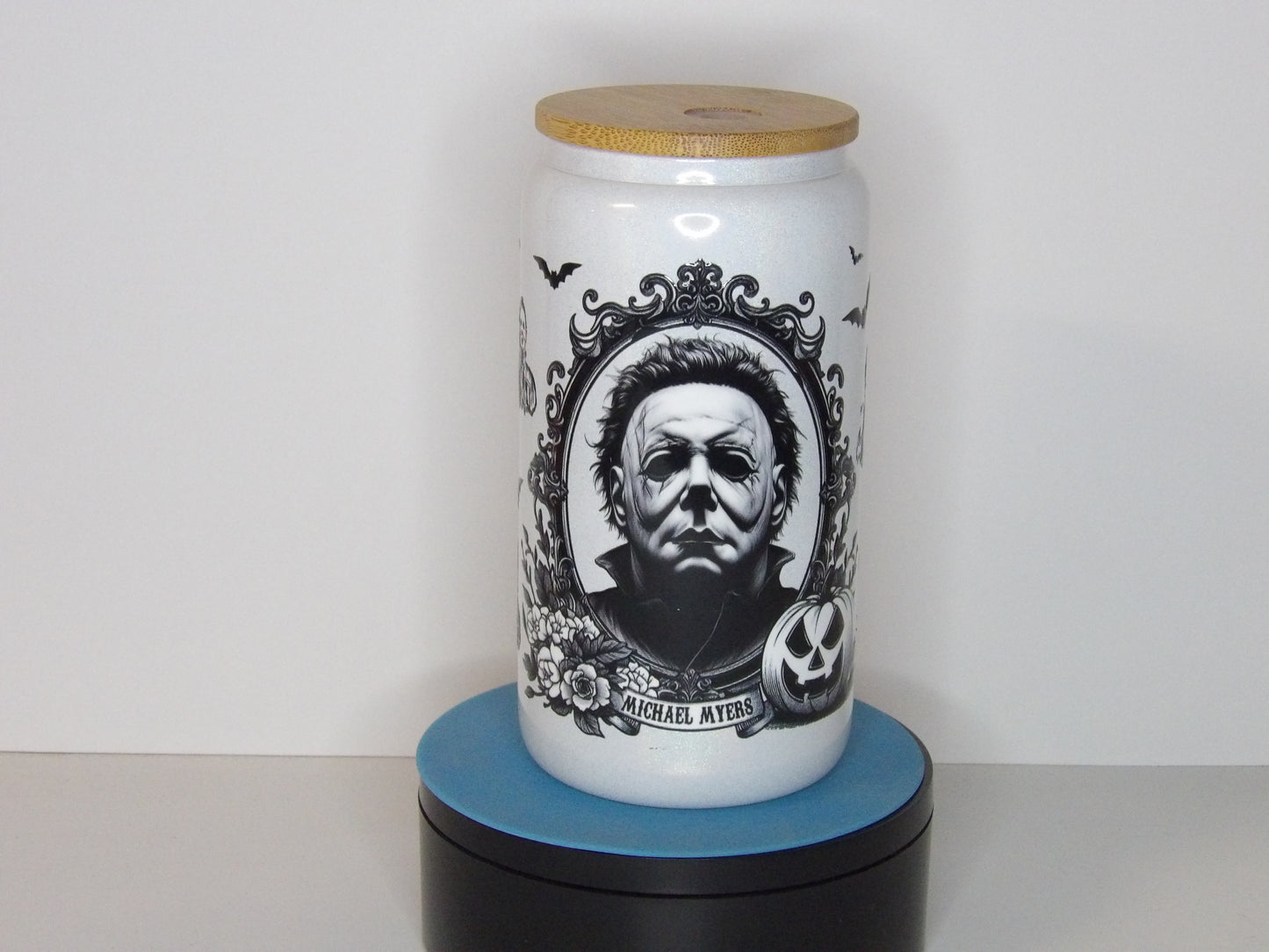 Yellow 37-Michael Myers 16 oz White Shimmer Glass Can Tumbler