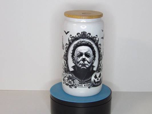 Yellow 37-Michael Myers 16 oz White Shimmer Glass Can Tumbler