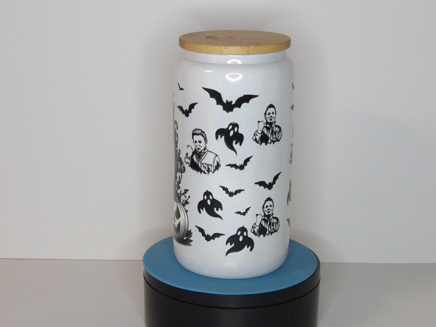 Yellow 37-Michael Myers 16 oz White Shimmer Glass Can Tumbler