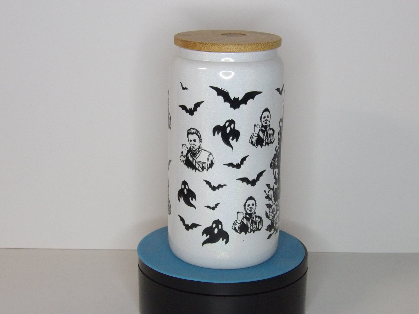 Yellow 37-Michael Myers 16 oz White Shimmer Glass Can Tumbler