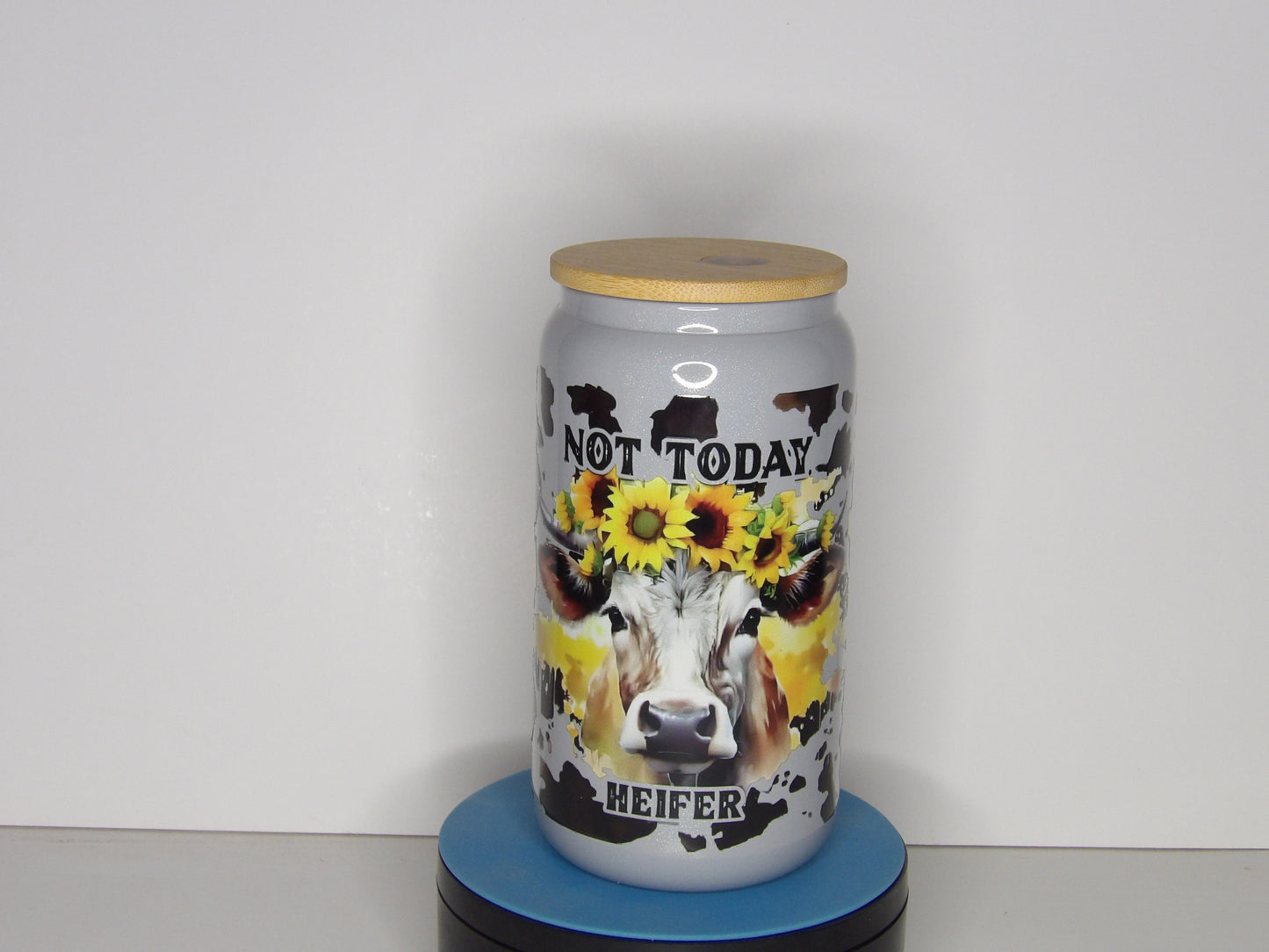 Red 23-🌻 “Not Today Heifer” 16 oz Gray Shimmer Glass Can Tumbler