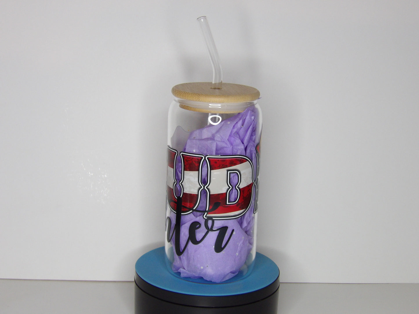 Pink 26-🚒 Proud Firefighter 16 oz Glass Can Cup – With Bamboo Lid & Straw
