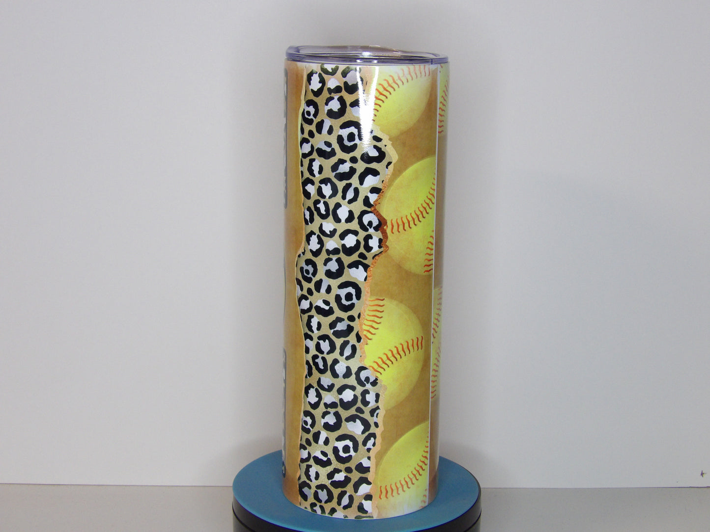 Purple 20-Softball Mom 20oz Tumbler – Leopard Print & Neon Yellow Softball Design