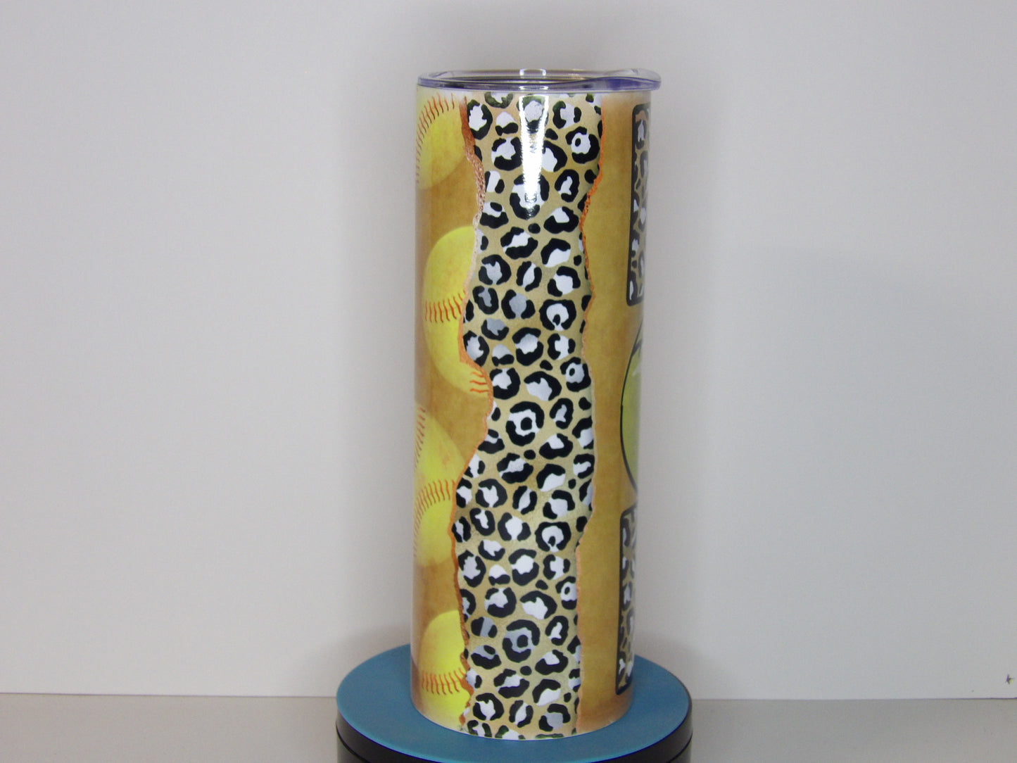 Purple 20-Softball Mom 20oz Tumbler – Leopard Print & Neon Yellow Softball Design