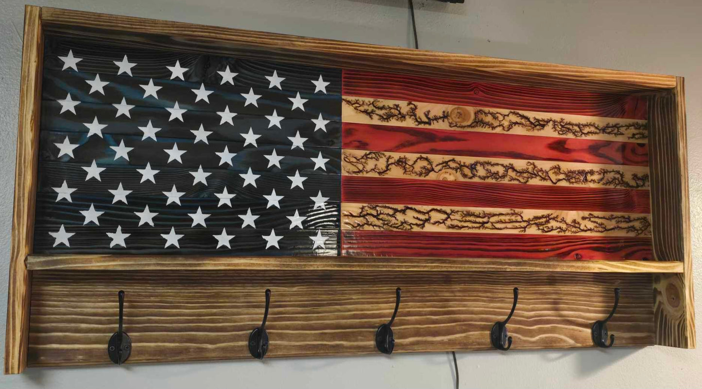 Fractal Burn Rustic American Flag Coat Rack