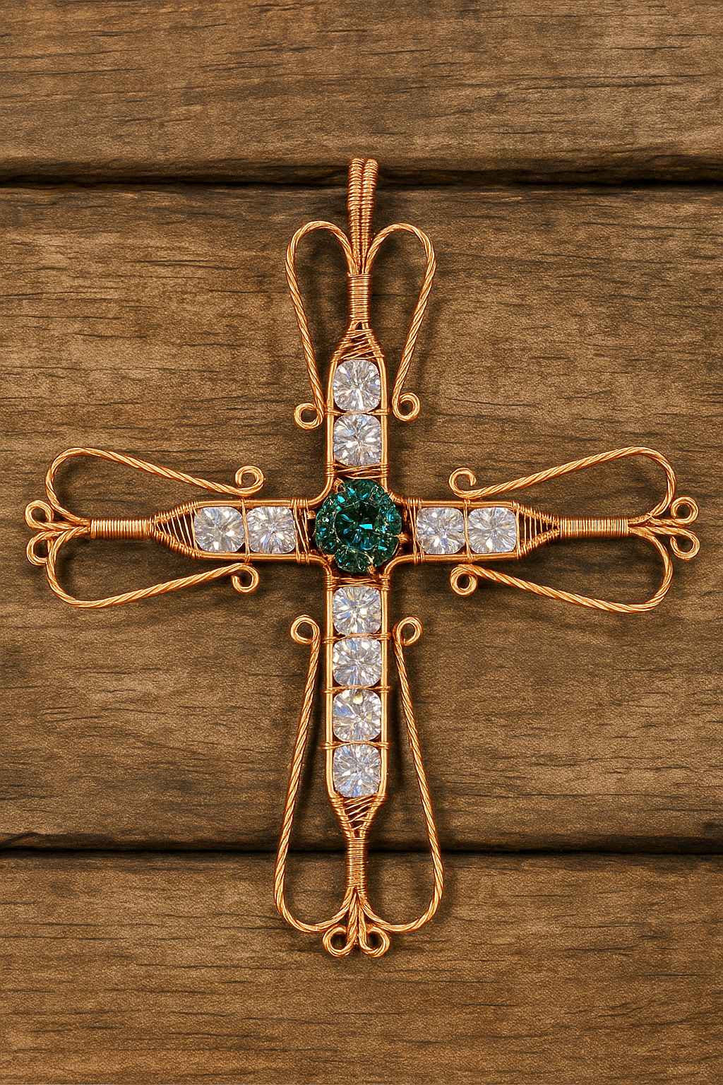 From the Heart Wire-Wrapped Cross with Moissanite & Cubic Zirconia