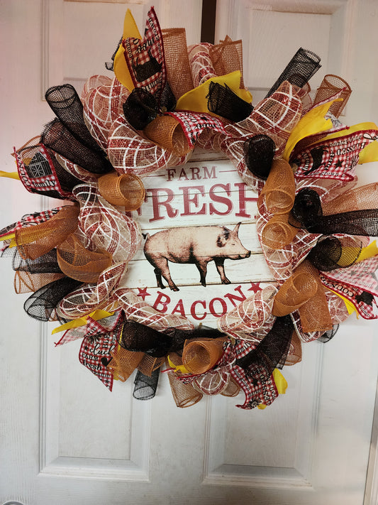 Farm Fresh Bacon Deco Mesh Wreath