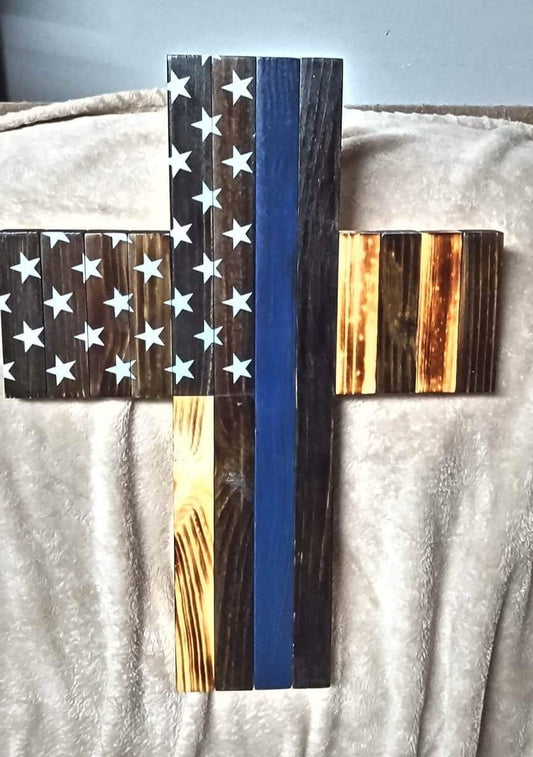 Rustic Wooden Thin Blue Line Cross American Flag