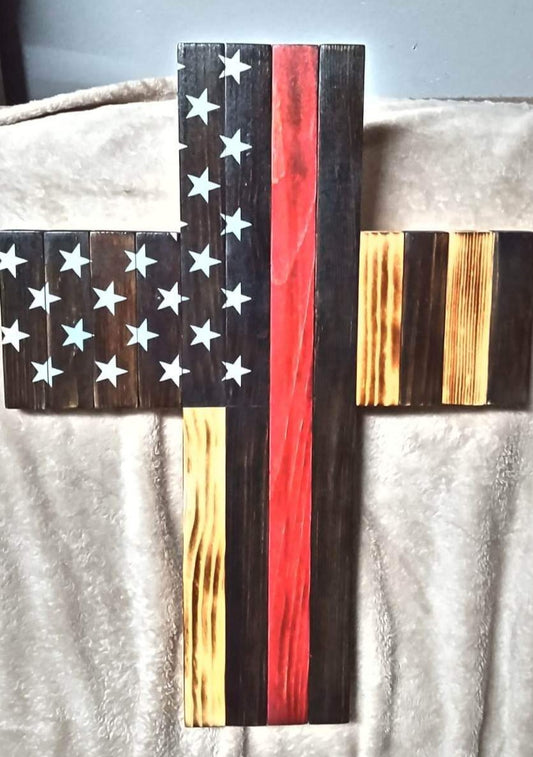 Rustic Wooden Thin Red Line American Flag Cross