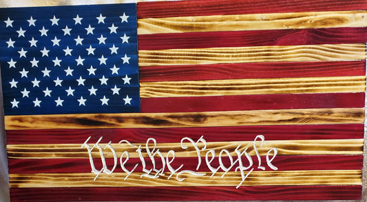 We The People Engraved Wooden Rustic American Flag